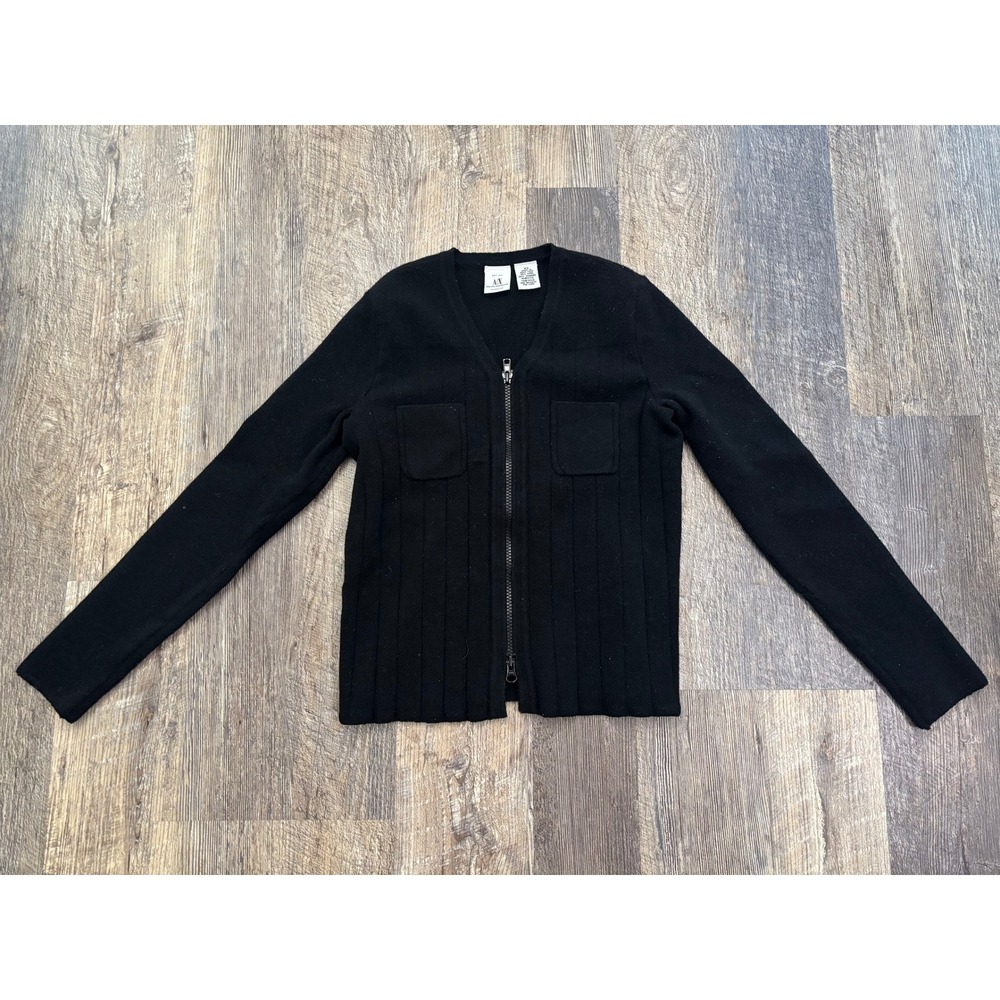 Armani Exchange AX Black Ribbed Wool Full Zipโ Cardigan Sweater XS V-Neck Pocket